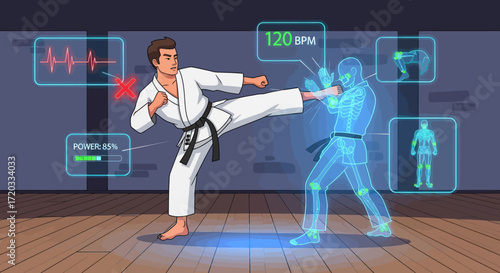 Karate Athlete Kicking with Biometric Data Overlayed in a Futuristic Style