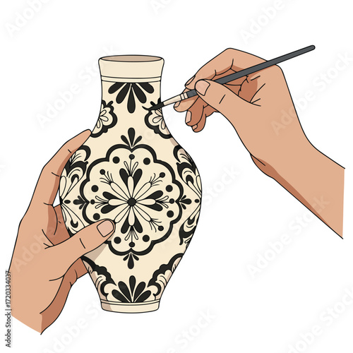 Hands paint a vase with intricate black floral design on a beige background