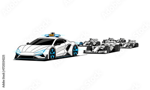 Sleek white futuristic sports car with blue wheels and sensor array leading race cars.
