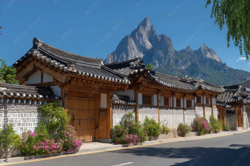 Fototapeta premium Traditional Korean houses with a stone wall line a street, showcasing ornate wooden architecture against a backdrop of dramatic mountains under a vibrant blue sky.