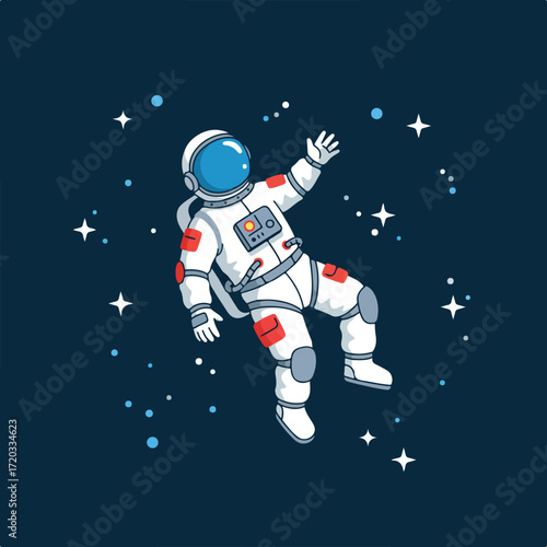 Astronaut floating in dark space, stars and dots surround