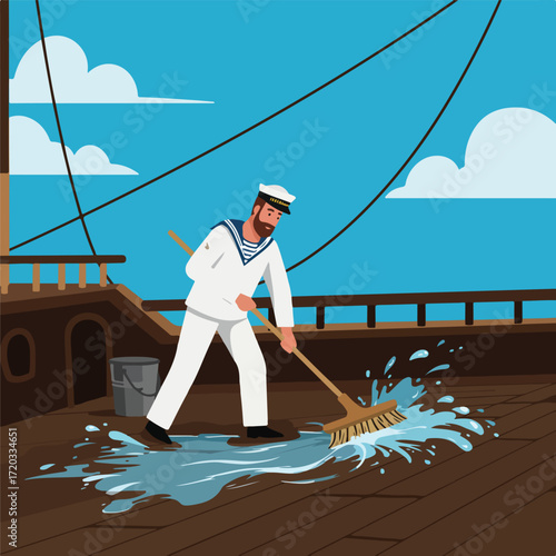 Sailor sweeps water on ship deck near sea