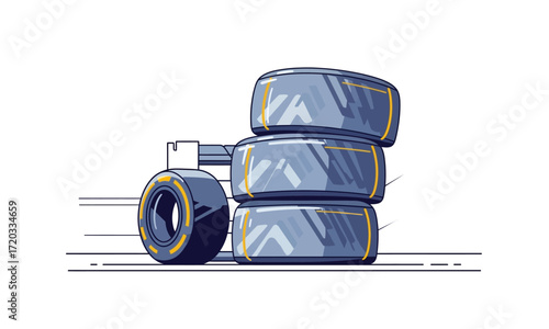 Stack of Used Racing Car Tires with One Separate Tire.
