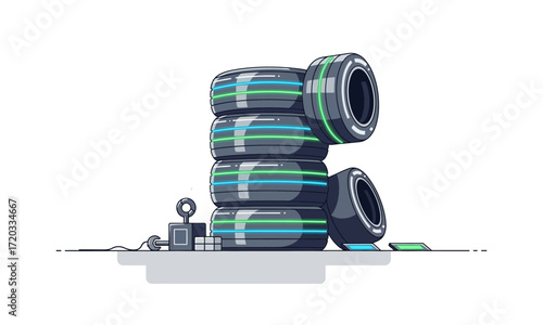 Stacked Tires, Cartoon Style, with Teal and Gray Accents.