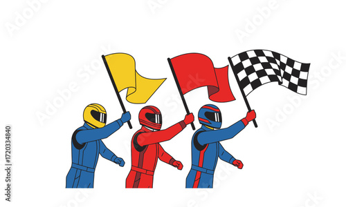 Stylized illustration of three racers in colorful suits holding yellow, red, and checkered flags.