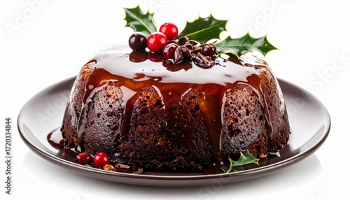 Close Up Festive Christmas Pudding Drizzled With Syrup on Brown Plate With Holly Leaves And Red Berries