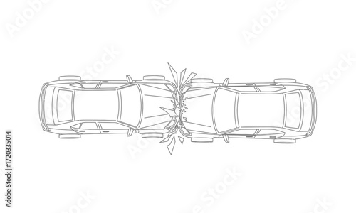 Two Cars Collided Head-On, Minimalist Line Drawing, Vehicle Accident Illustration, Damaged Automobiles.