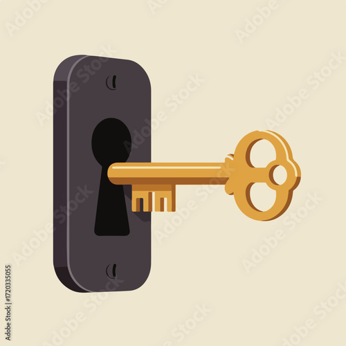 Key inserted into keyhole in a retro-styled illustration