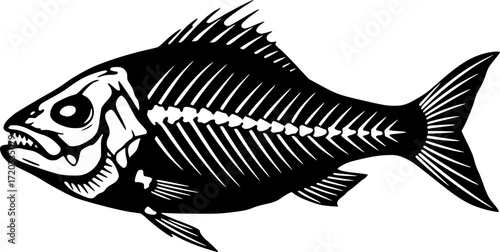 black and white minimalist illustration of a fish skeleton, vector