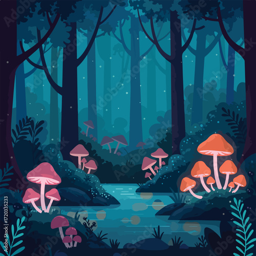 Glowing mushrooms and plants along a forest stream at dusk, with teal trees