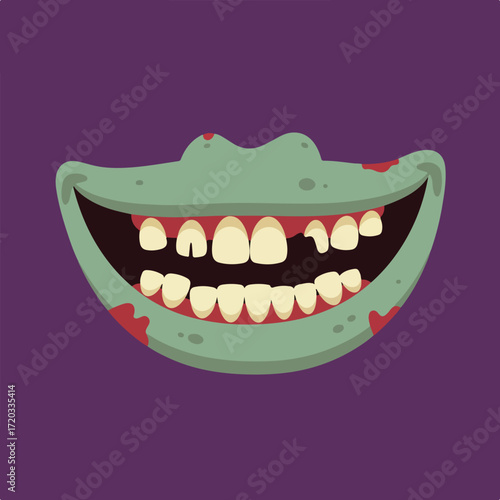 Zombie mouth with dirty teeth and blood stains over a purple background