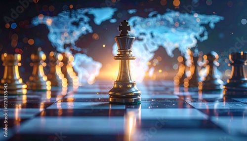 A golden king chess piece stands triumphant on a board, a world map subtly glows in the background, symbolizing global strategy and leadership.