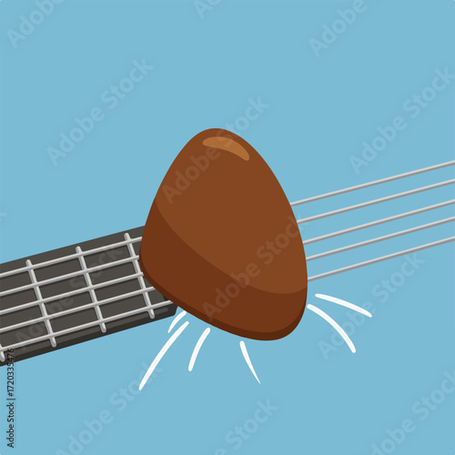 Guitar pick strikes guitar strings, making them vibrate, on a blue backdrop