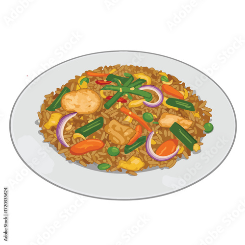 Plate of fried rice with vegetables and meat pieces, viewed from above