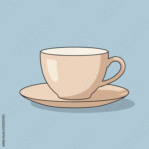 Cartoon drawing of a beige tea cup and saucer on light blue background