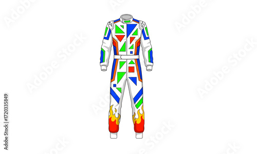 Vibrant Geometric Patterned Racing Suit with Flame Accents.