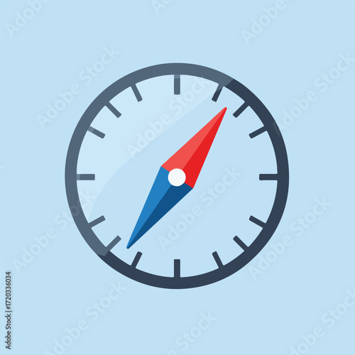 Flat vector compass icon with red/blue needle on a light blue background