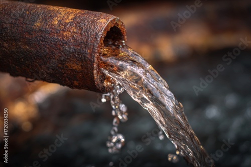 Close up view of natural liquid flowing from a deeply corroded metal pipe