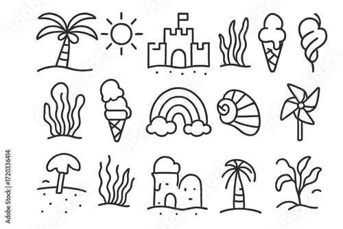 Fun beach themed doodles featuring palm trees, ice cream, and a sandcastle in a playful design