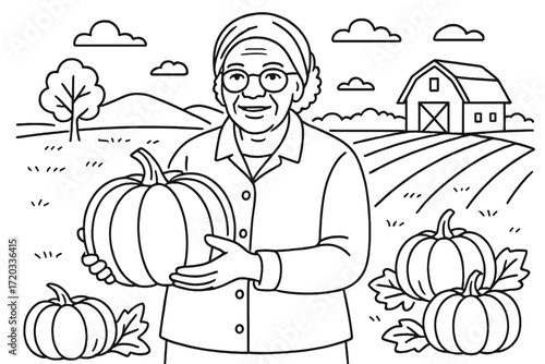 Elderly woman harvests pumpkins in a rural field with a barn and hills in the background during a sunny day