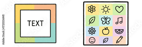 Colorful graphic with playful icons and a central text area designed for cheerful communication