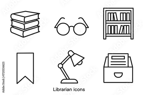 Library essentials: books, glasses, bookshelf, bookmark, lamp, filing cabinet icons