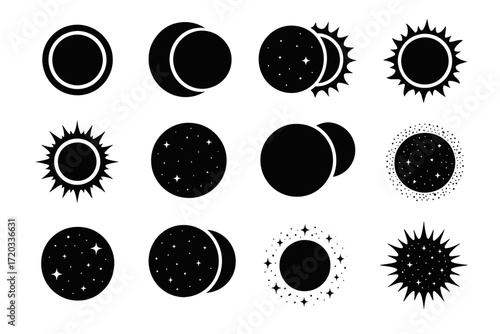 Set of celestial icons: eclipses, stars, and sun designs