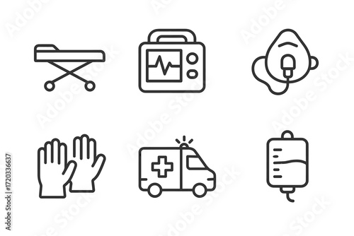 Emergency medical icons: stretcher, monitor, oxygen mask, gloves, ambulance, iv bag