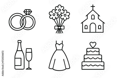 Wedding symbols: rings, bouquet, church, champagne, dress, cake