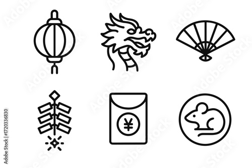 Minimalist symbols of chinese new year: lantern, dragon, fan, firecracker, red envelope, rat icon