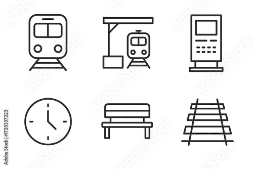 Simple line icons of train, station, ticket machine, clock, bench, and tracks