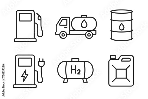 Fuel and energy icons set: gasoline, electric, hydrogen, oil tank, barrel, container