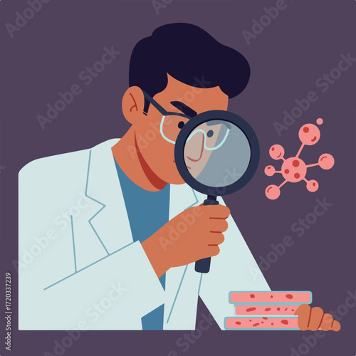 Scientist examines a molecule with magnifying glass in research laboratory