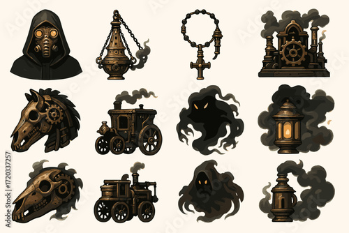 Steampunk icons: gas mask, industrial machines, ghostly figures and victorian artifacts