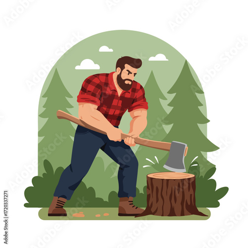 Bearded lumberjack chopping wood in forest clearing with an axe and wood stump