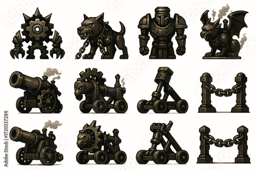 Fantasy steampunk icons: mechanical beasts and medieval siege weapons