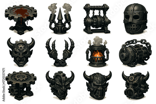 Dark steampunk metal artifacts and helmets collection