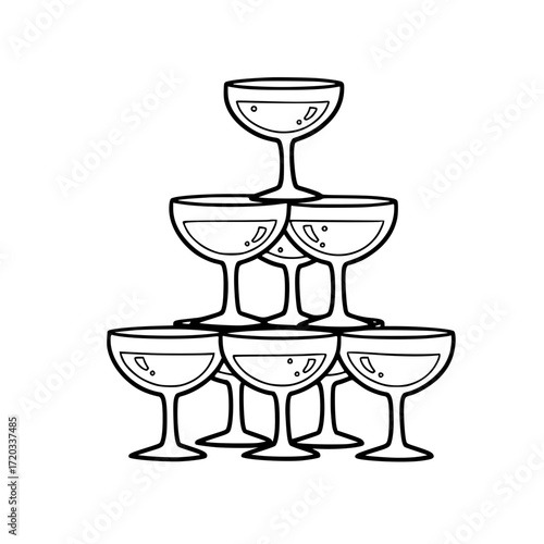 Champagne glasses stacked in pyramid shape for celebration. Line Icon - Simple Vector Outline in minimalistic black and white design   