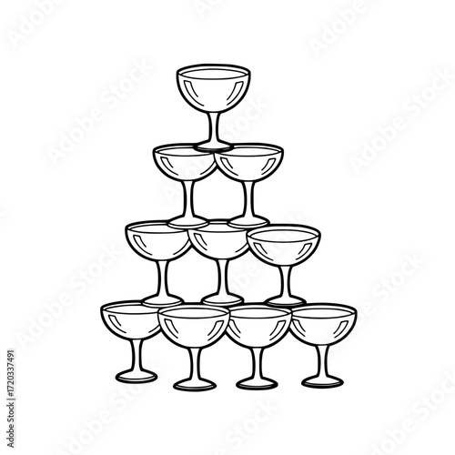 Stacked glass champagne coupe pyramid. Line Icon - Simple Vector Outline in minimalistic black and white design 