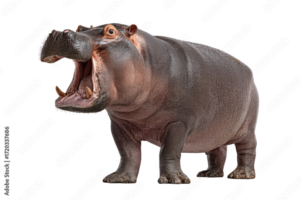 Fototapeta premium A large hippopotamus with its mouth open, showcasing its teeth, against a transparent background. background removed