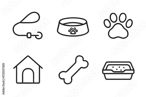 Pet accessories icons: leash, bowl, paw print, kennel, bone, litter box