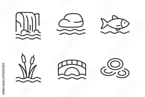 Minimalist water-themed icons: waterfall, rock, fish, cattails, bridge, ripples