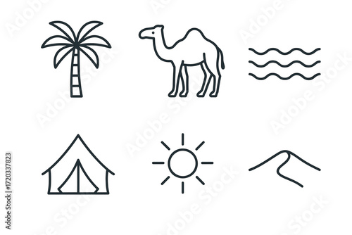 Desert adventure icons: camel, palm, tent, sun, sand dune, waves