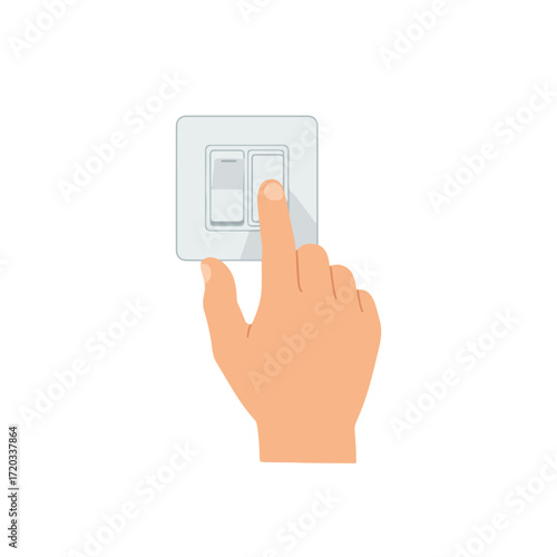Hand presses a gray wall light switch with two toggles, flat design