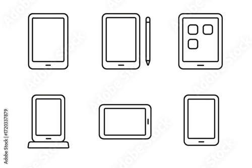Minimalist tablet icons and stylus set depicting various tablet orientations and ui designs