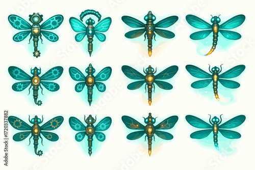 Twelve steampunk-inspired mechanical insect designs with gears and wings