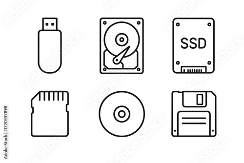 Outline icons of usb, hard drive, ssd, sd card, cd, and floppy disk