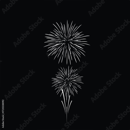 Two white fireworks explode against a stark black background