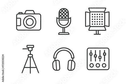 Photography and audio equipment icons: camera, microphone, tripod, headphones, lighting, mixer