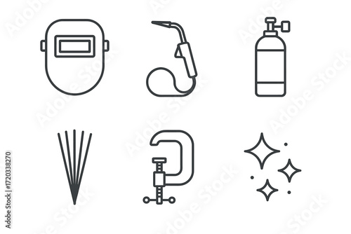 Set of welding equipment icons: mask, torch, gas cylinder, electrodes, clamp, sparkles